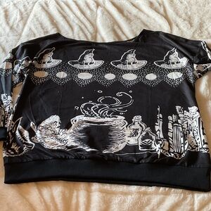 Black Off-the-Shoulder Sweater with Witch Print